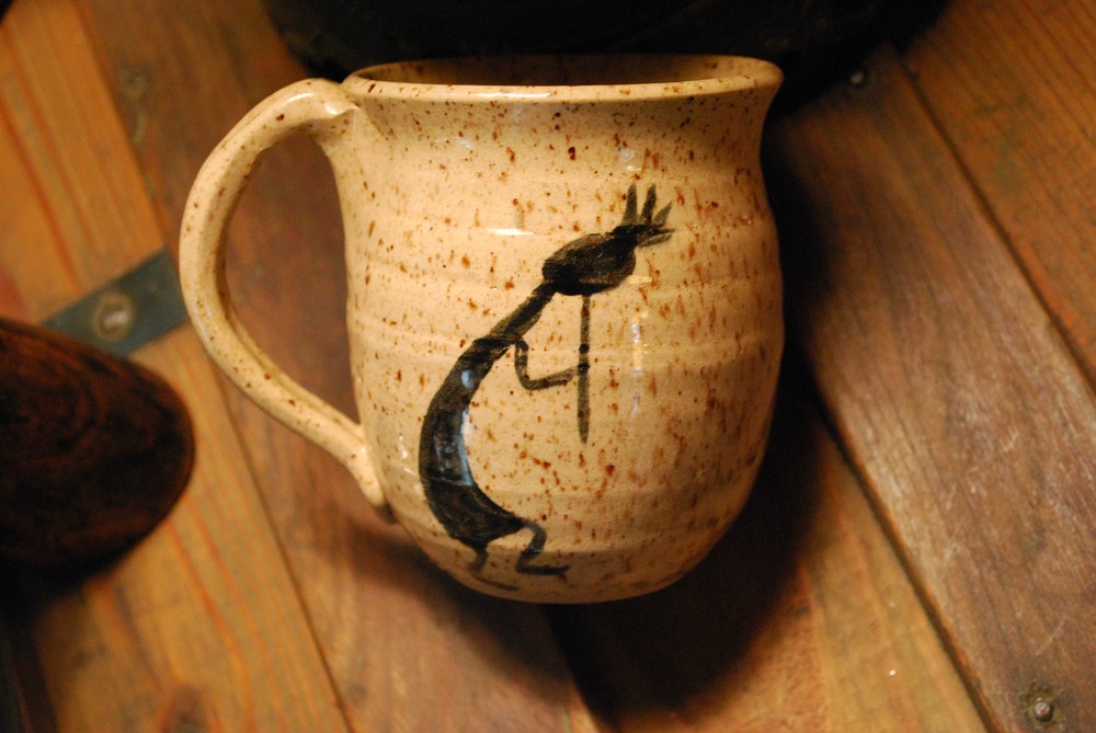 Studio Hand Crafted Pottery Mug NATIVE KOKOPELI FIGURE PLAYING FLUTE Signed