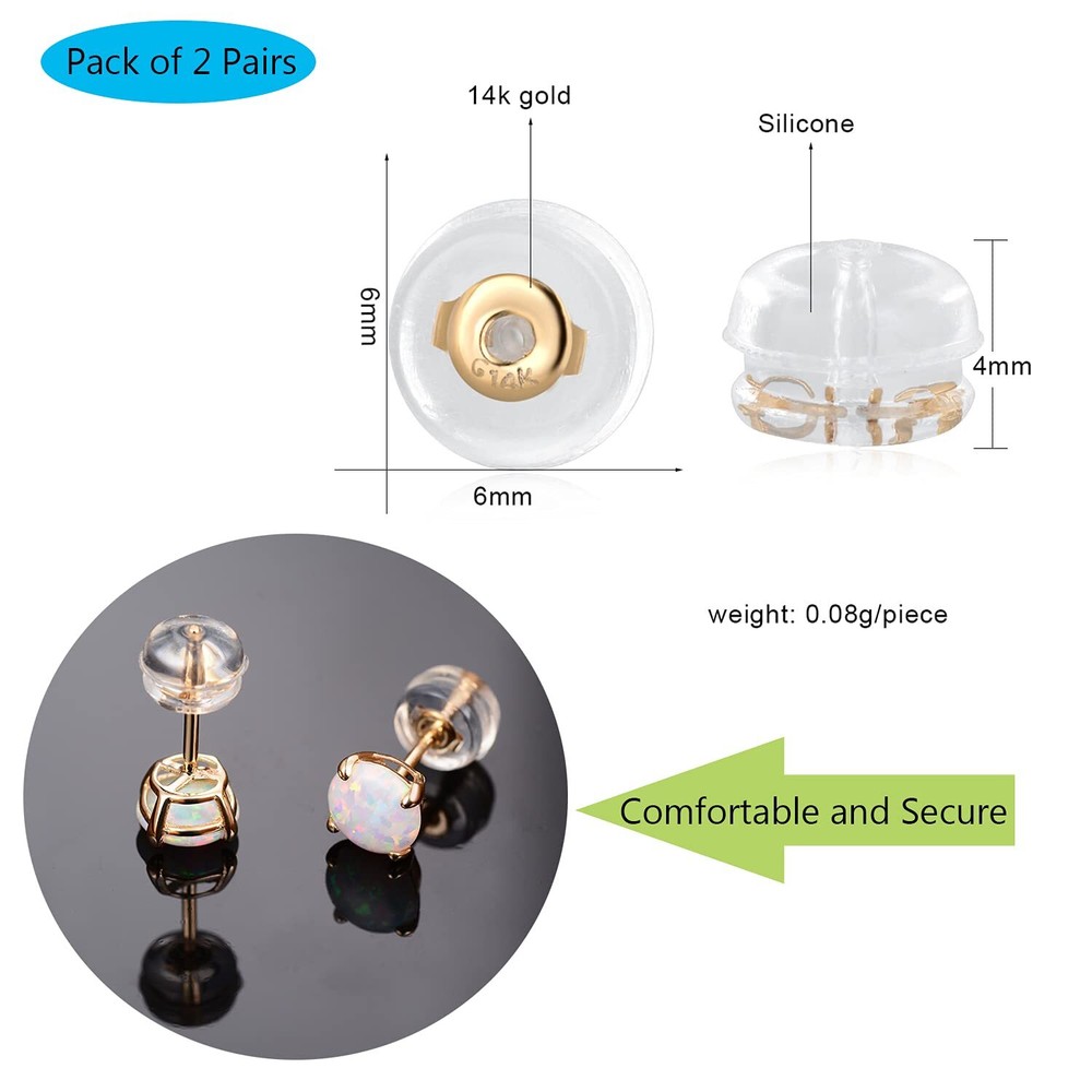 2 Pairs 14K Real Solid Gold Earring Backs Hypoallergenic Soft Clear Silicone ...