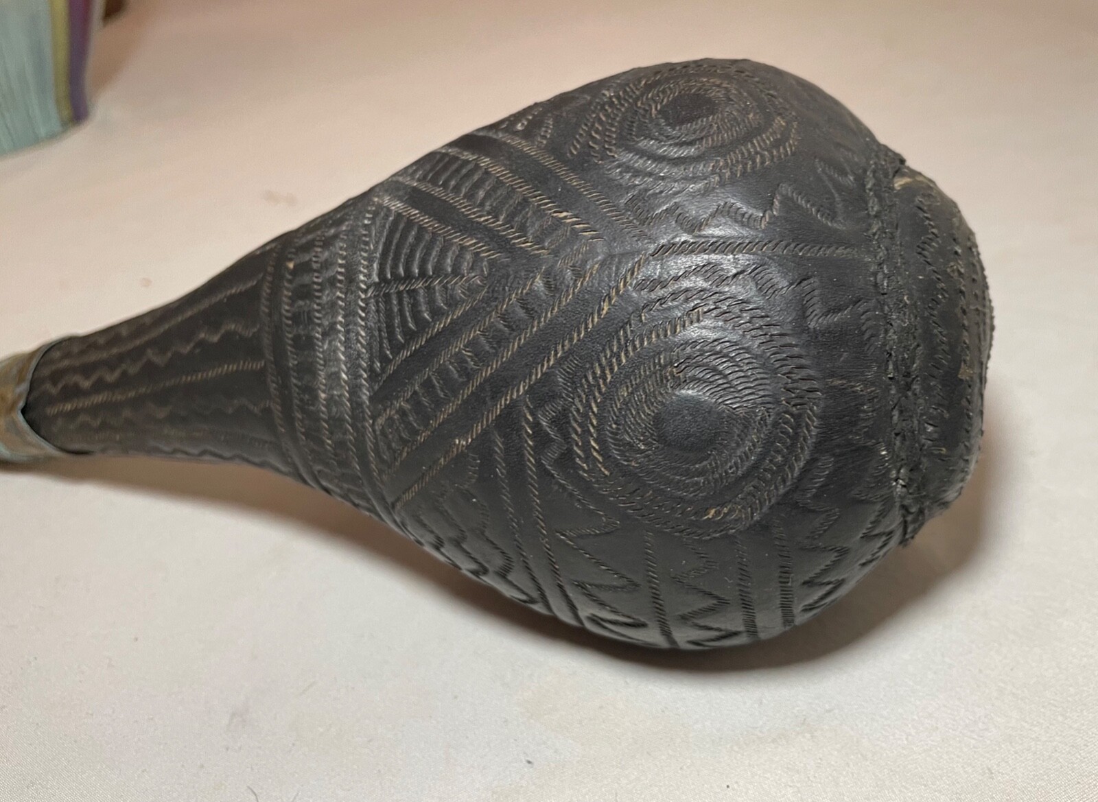 ANTIQUE 1800's HANDMADE ETCHED LEATHER BRASS WATER SHOT FLASK JUG POWDER EARLY