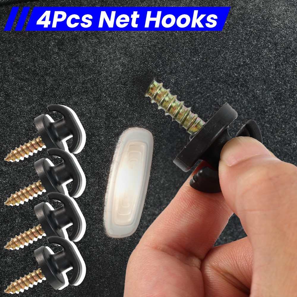 4PCS Rear Trunk Boot Cargo Net Envelope Net Clips Ring Screws Tie Down Hook Loop
