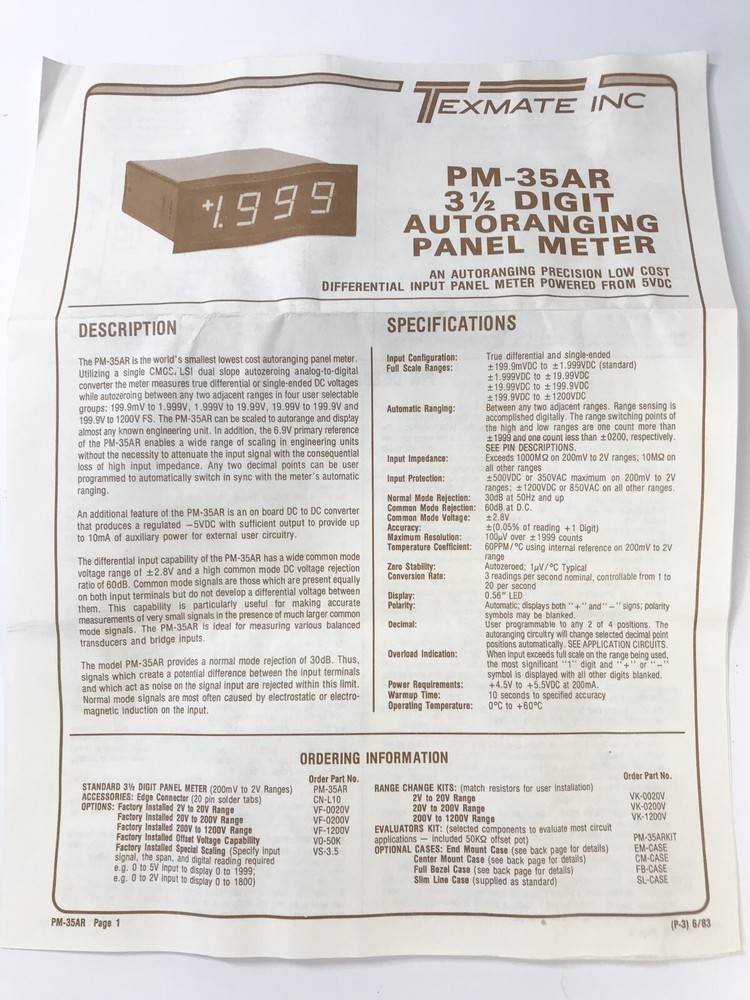 NEW TEXMATE PM-35AR 3-1/2 DIGIT AUTORANGING PANEL METER 200V RANGE