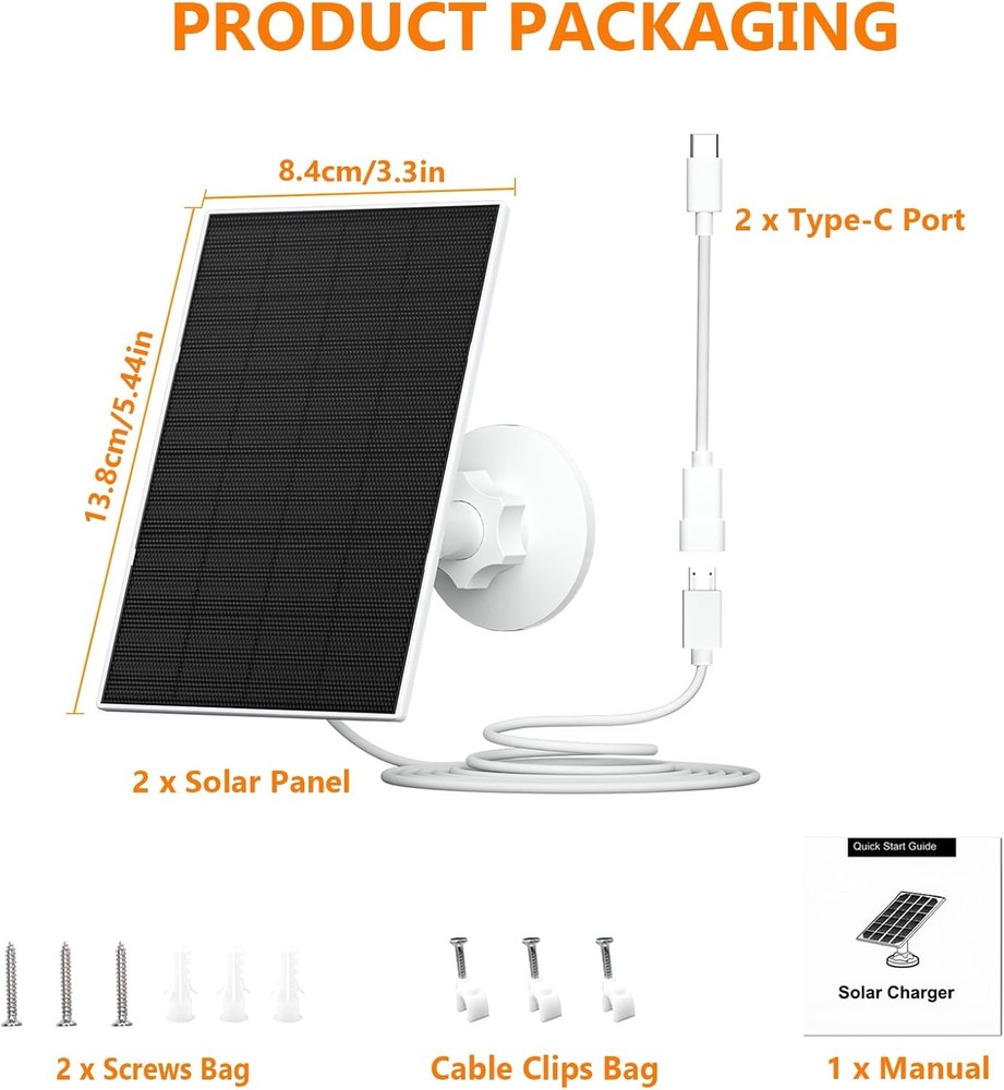 2W Solar Panel Security Cameras Solar Charger W/ Micro USB & USB-C Port