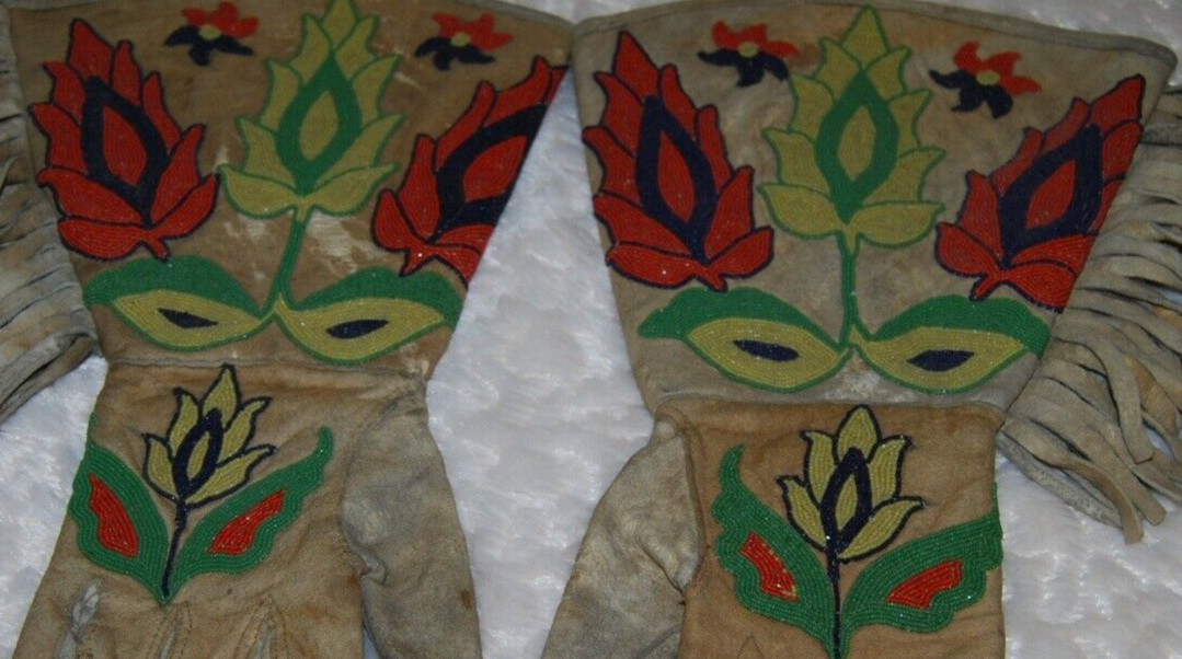 Native American Sioux Northern Plains 1890-1900 Men's Beaded Gauntlets on hide