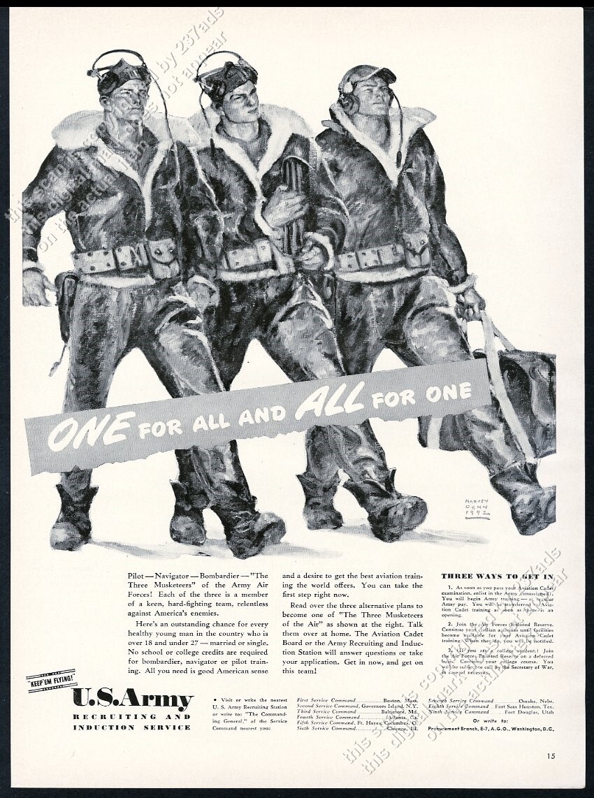 1942 US Army '3 Musketeers' soldier recruiting recruitment vintage print ad