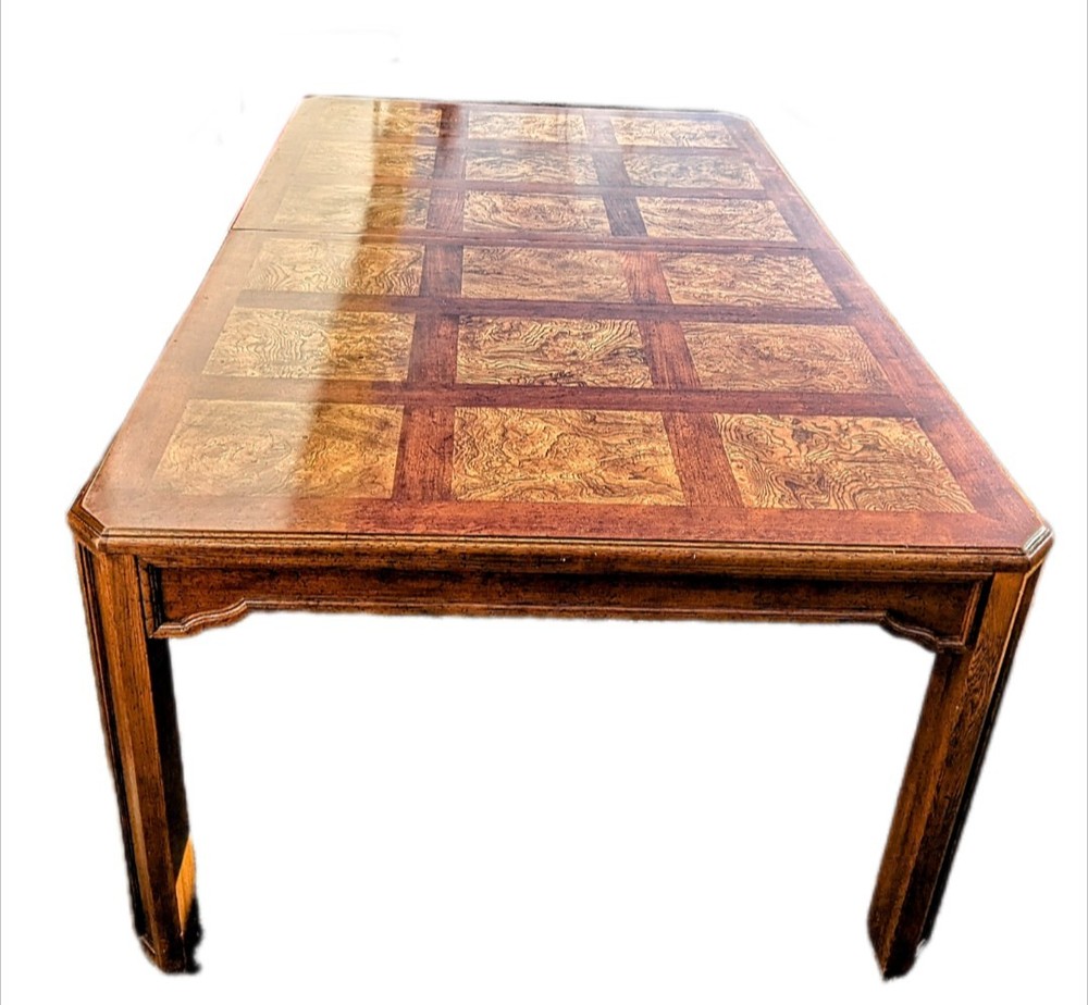 Drexel Heritage Mid-Century Oak & Burl Solid Wood Extendable Dining Table