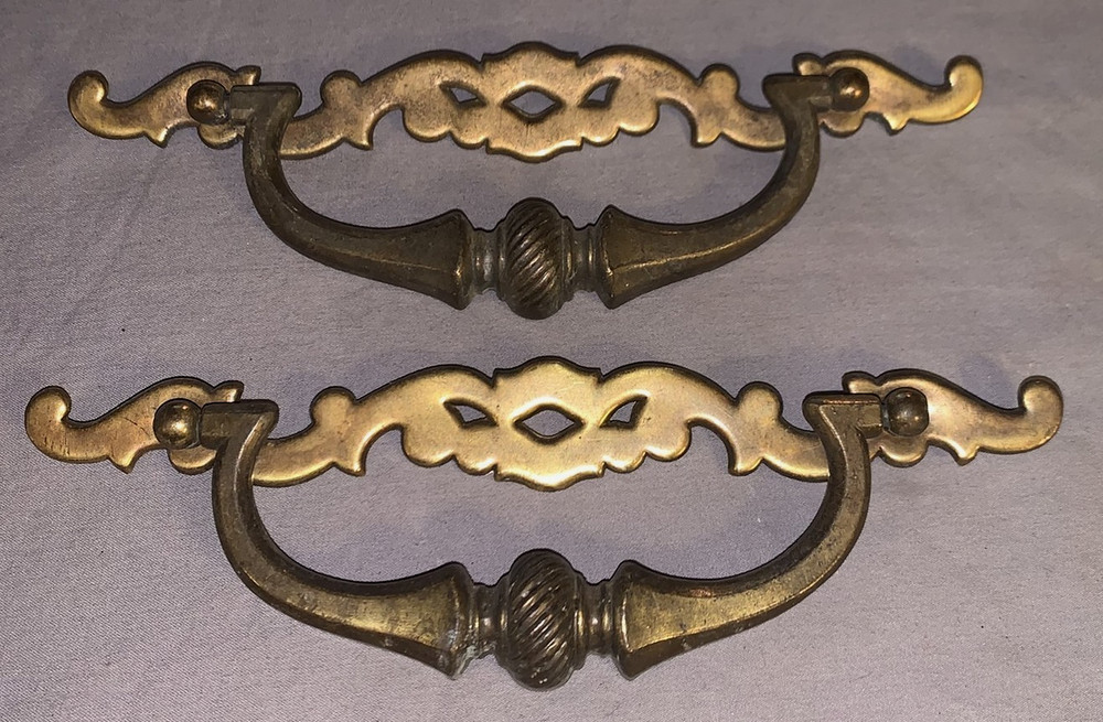 2  Unique  Antique  Very Large  7 1/4"  wide  Brass  Drawer Pulls  A6