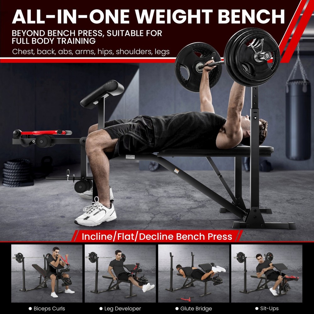 Adjustable Weight Bench Press with Squat Rack Multi-Function Dip Station Workout