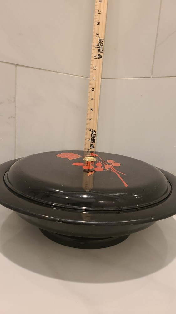 Vtg Footed Black LACQUER WARE Lidded Serving Dish Lazy Susan Divided Sections