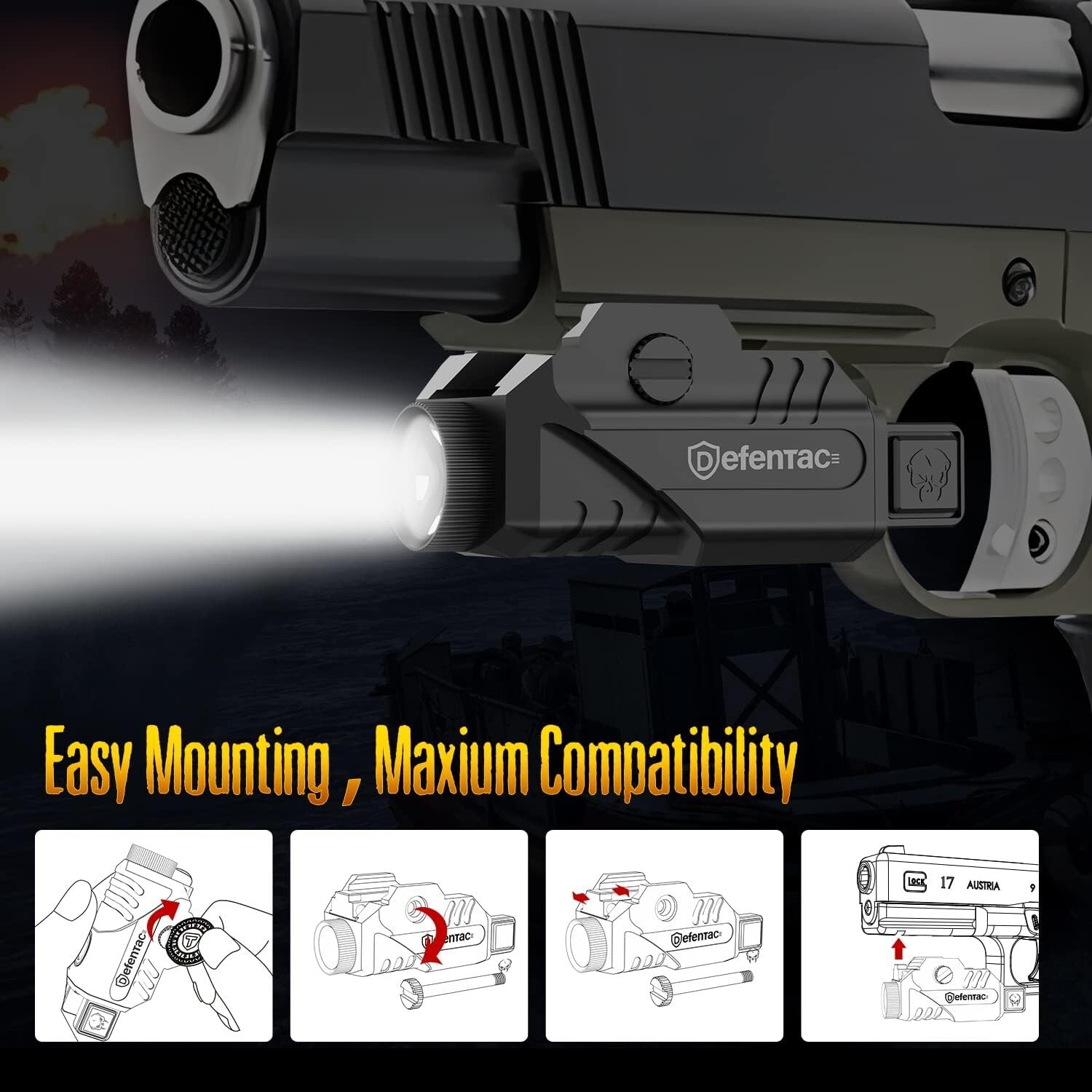 DEFENTAC Pistol Light w/ Strobe Function for Guns 600 Lumens Tactical Flashlight