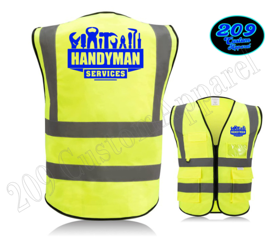 HANDYMAN  HI-VIS SAFETY VEST REFLECTIVE STRIPS POCKETS PRINT FRONT AND BACK