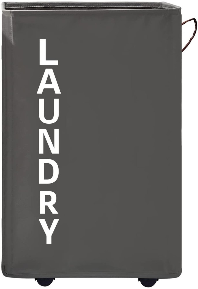 92L Grey Extra Large Standable Rolling Laundry Hamper Basket Wheels Leather