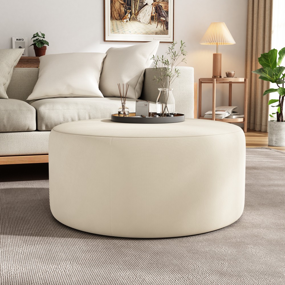 Upholstered Round Ottoman,PU Leather,Brown