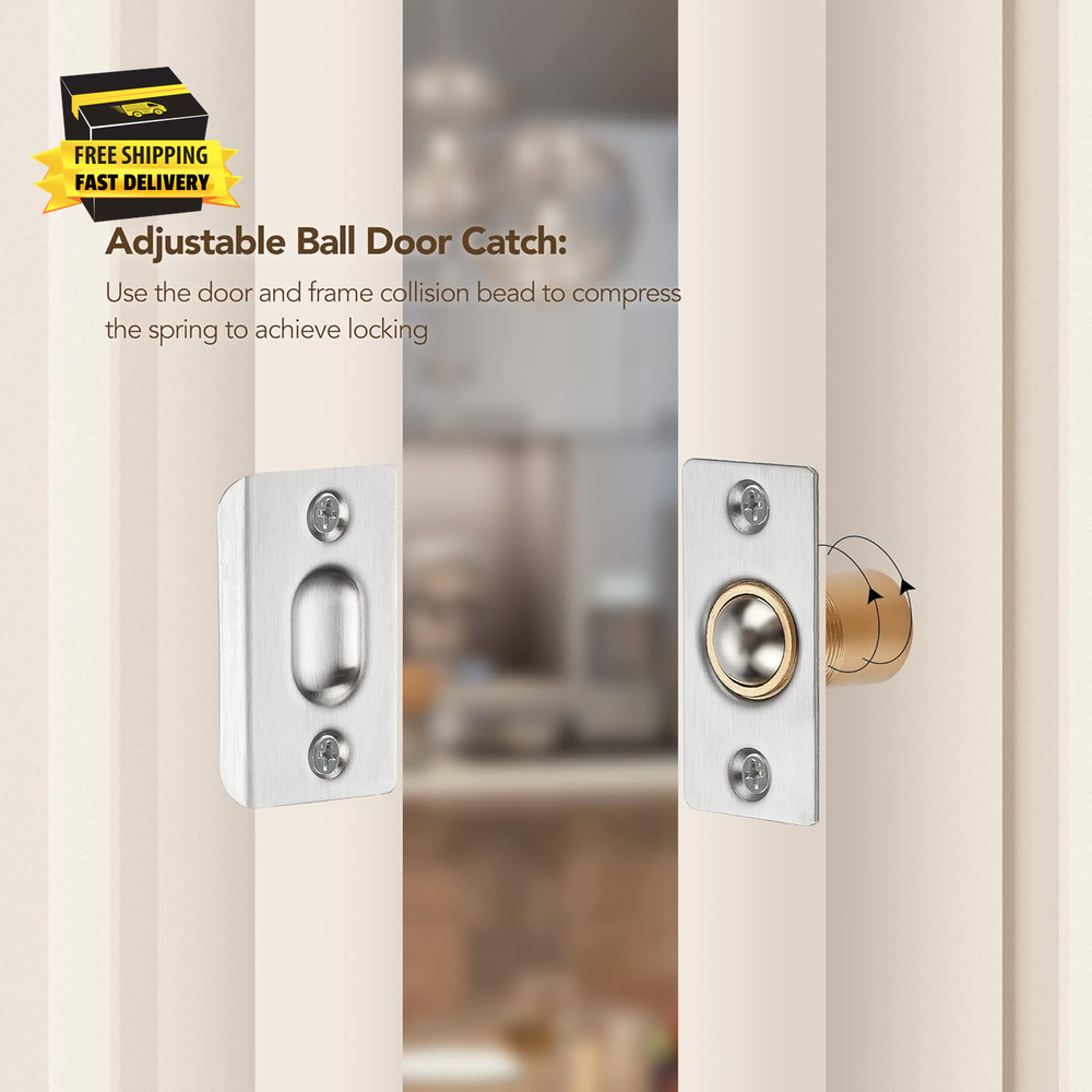 2 Pack Adjustable Door Ball Catch, Silver Closet Door Latch, Solid Brass Body &
