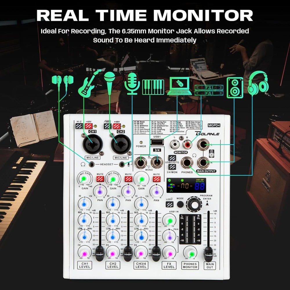 4-Channel DJ Mixer with 100 DSP Effects, USB Audio Interface & Bluetooth - Pr...