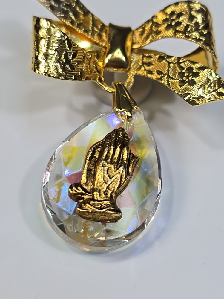 Prayer Hands Lapel Pin Bow With Dangling Charm