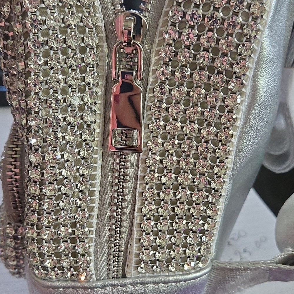 Silver Glitter Rhinestone Mini Kids Backpack with Adjustable Straps, Zip Pocket