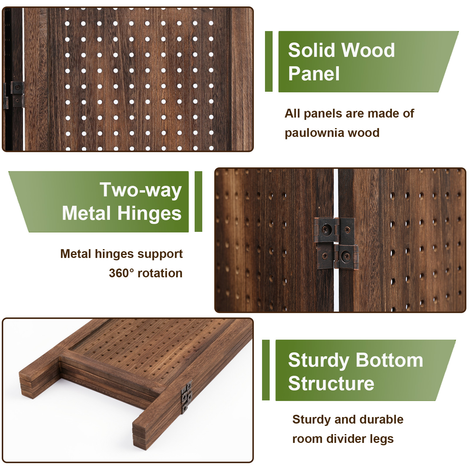 67" H Wood Room Dividers 4 Panel Pegboard Display Folding Privacy Screens Brown