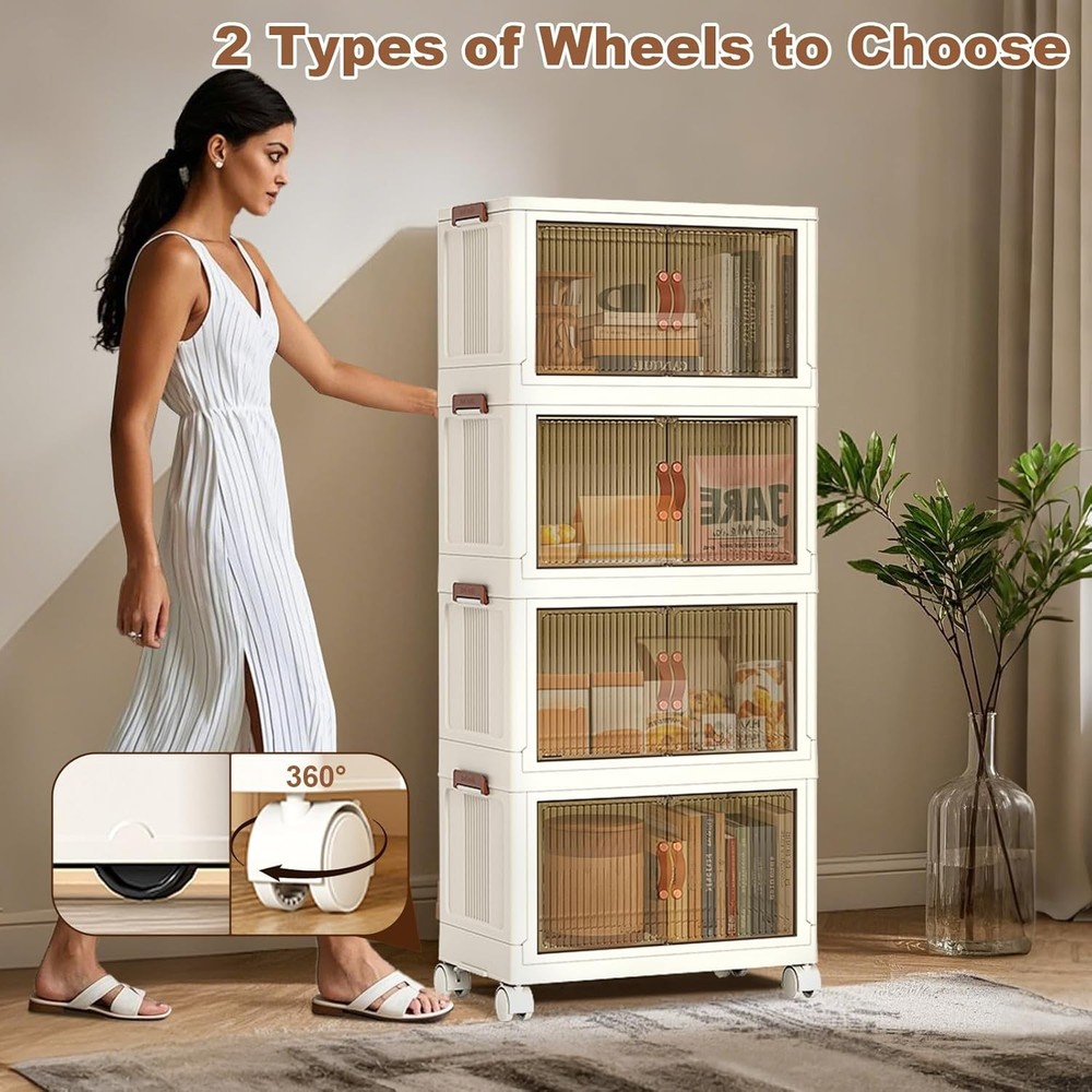 4 Tier Stackable Plastic Storage Bins, 72QT X 4 Foldable Storage Bins with Wheel