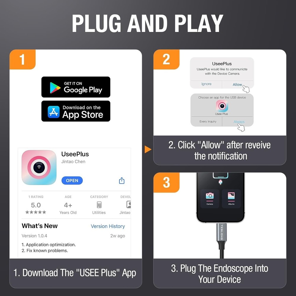 Endoscope Camera Teslong USB-C Borescope Inspection Camera for iPhone 15/Android
