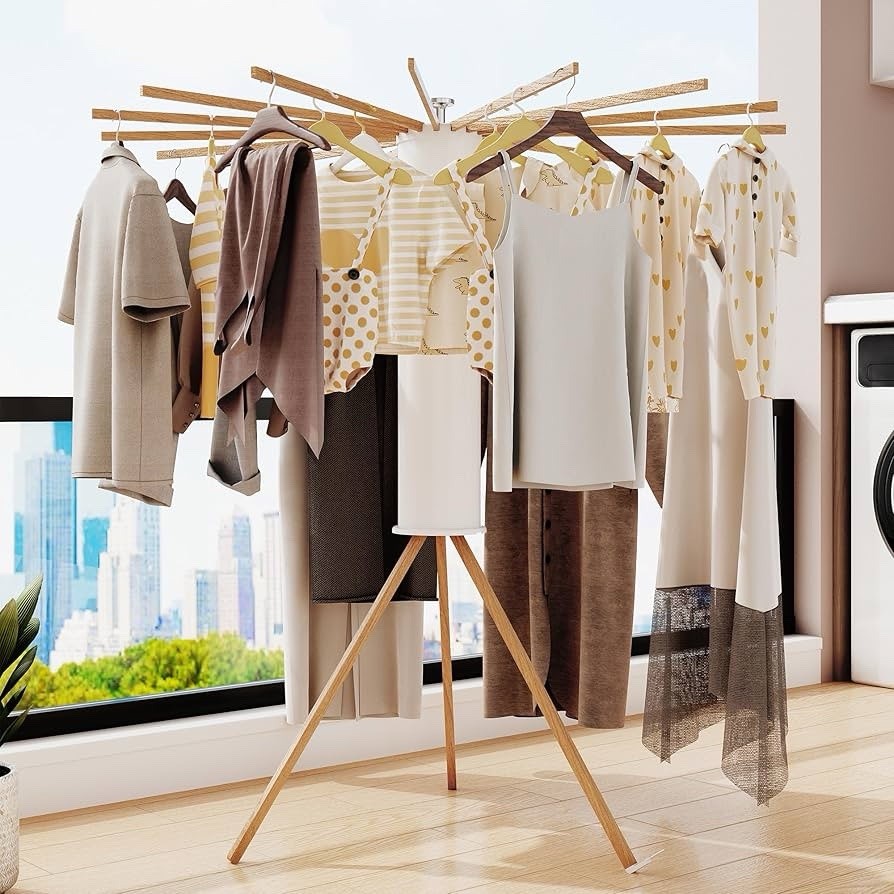 Umbrella-Shaped Large Capacity Foldable Clothes Drying Rack Beech Wood