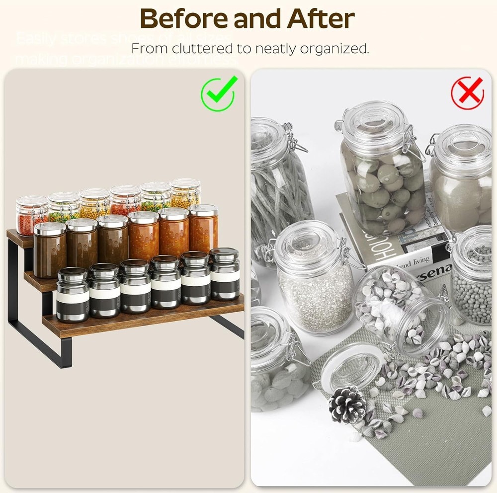 Spice Rack, 3 Tier Wooden Display Riser Stand, Kitchen Storage Organizer for ...