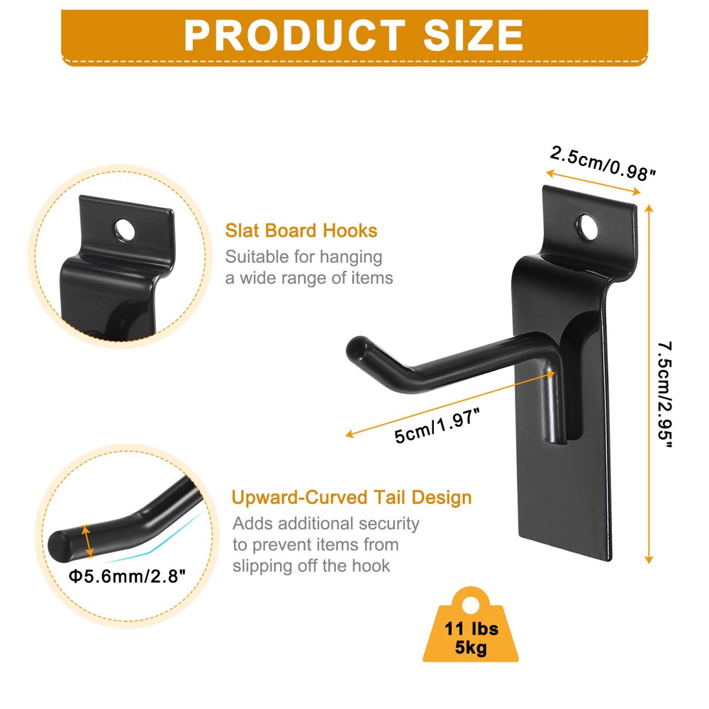 60pcs Slat Wall Hooks 2" Length Pegboard Panel Hanging Hook Black