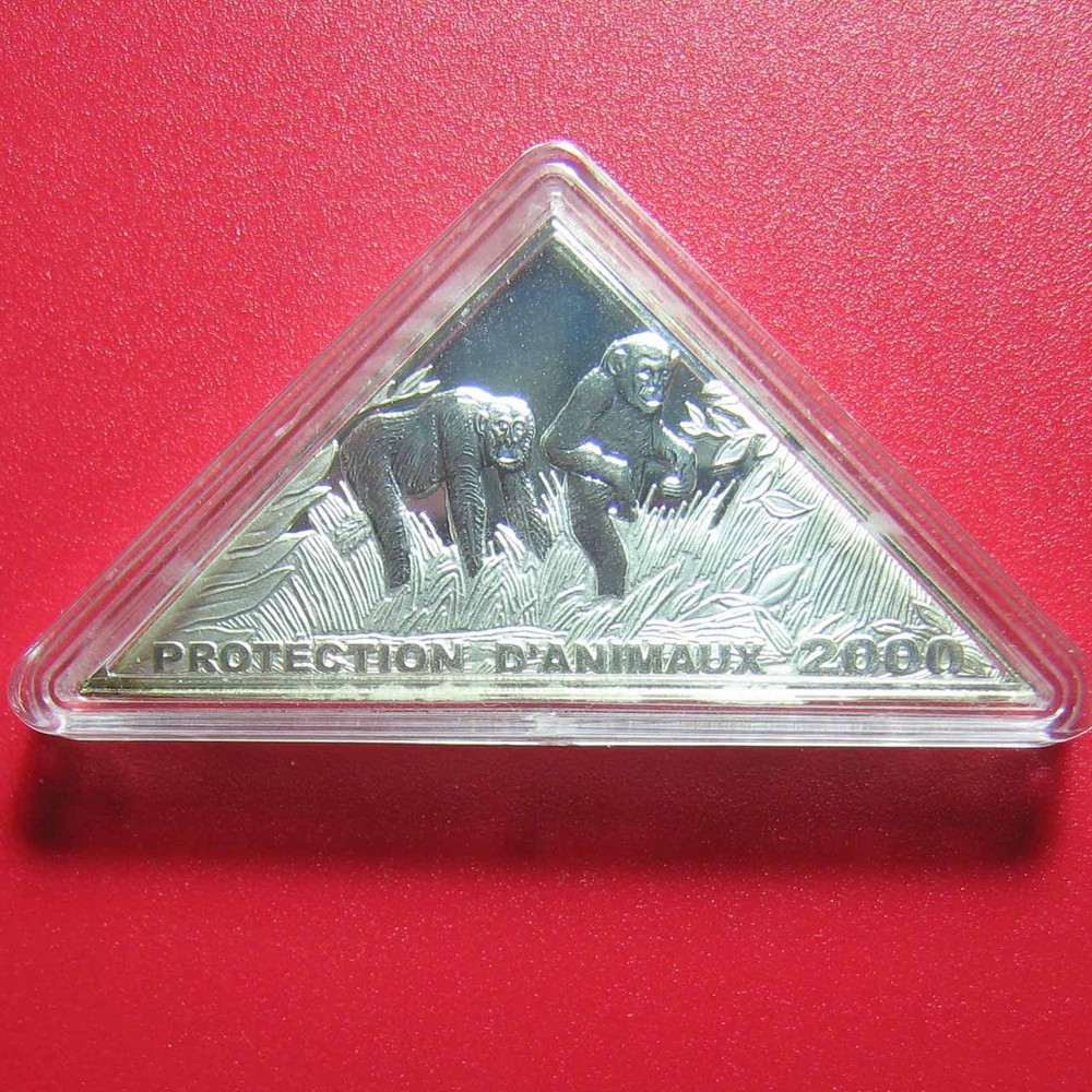 2000 CONGO 10 FRANCS SILVER PROOF CHIMPANZEE WALKING LION RARE! TRIANGULAR COIN