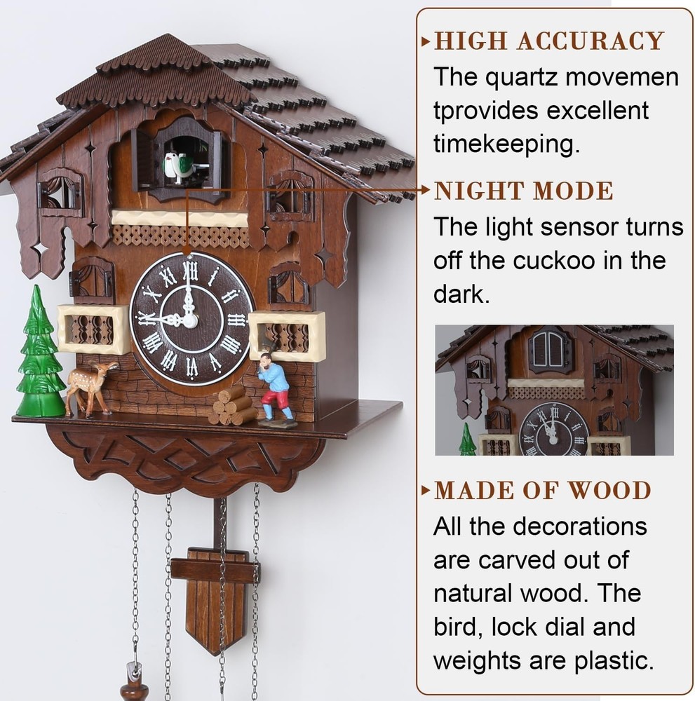 Large Handcrafted Vintage Cuckoo Clock with Singing Bird & Adjustable Volume