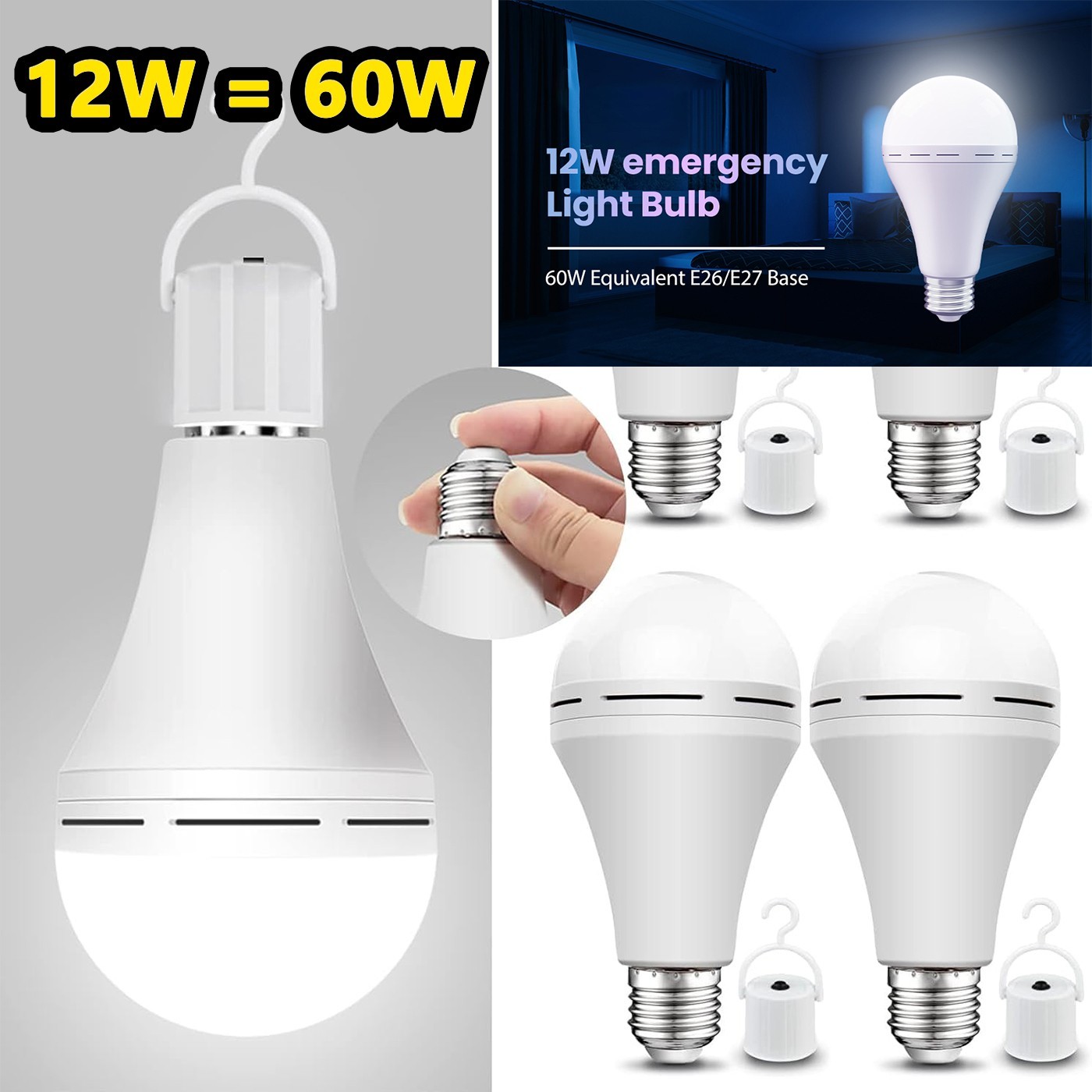 A19-6 Pack Rechargeable Emergency Light Bulbs, 12W,1200LM LED,For Family,E27/E26