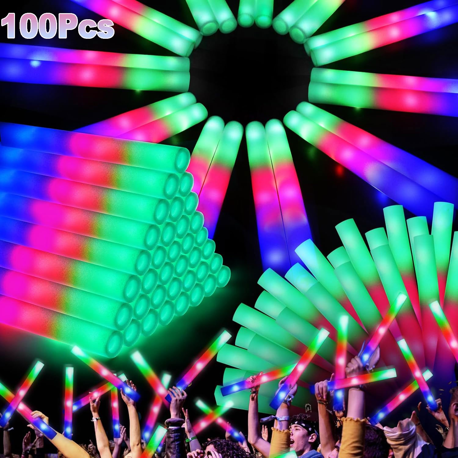 100PCS LED Foam Sticks Light Up Wands Rally Flashing Glow Party Rave