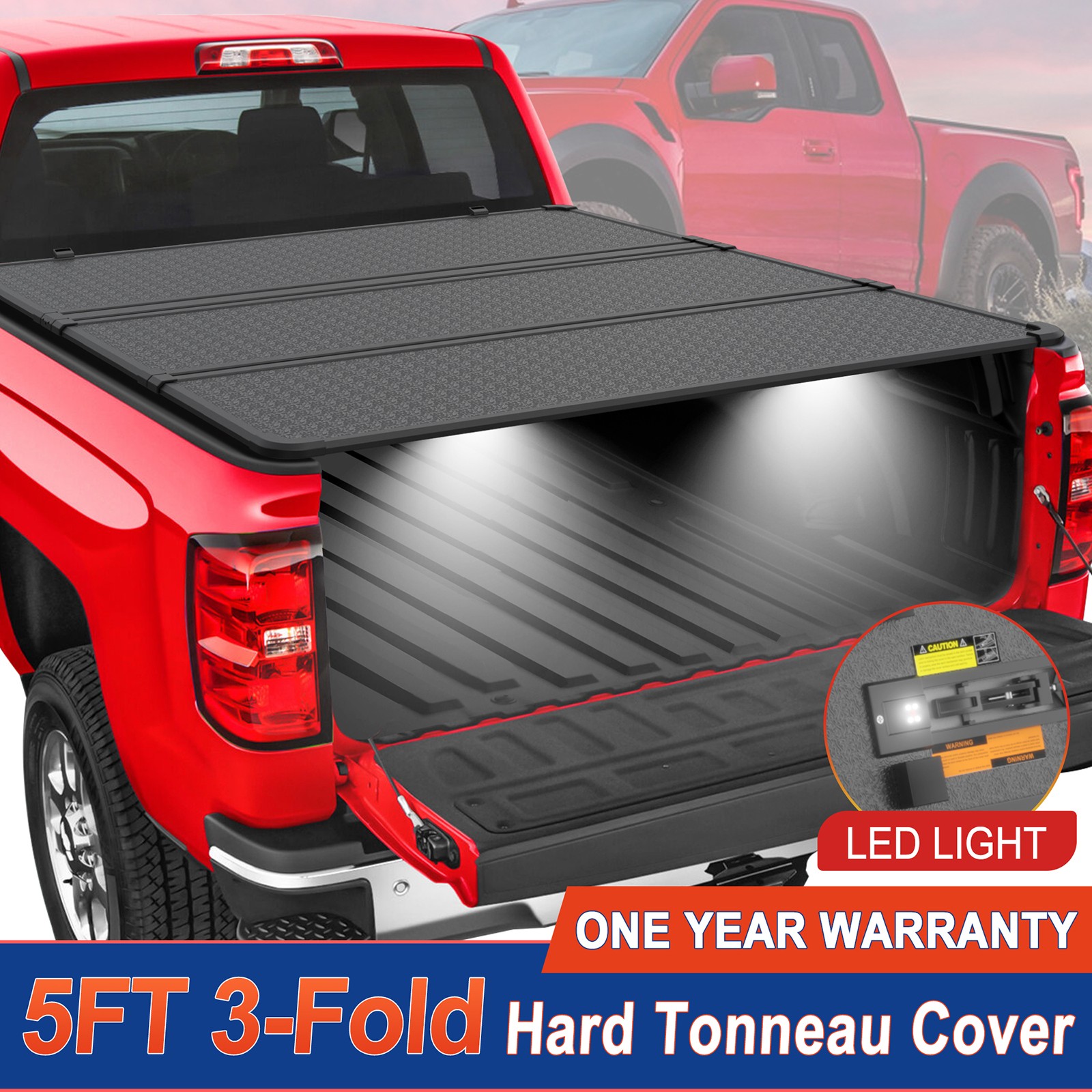 5FT Hard Fold 3-Fold Truck Bed Tonneau Cover For 2016-2023 Toyota Tacoma W/ Lamp