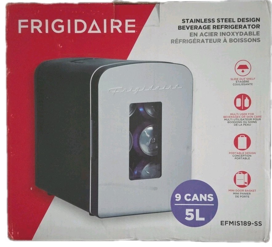 Frigidaire Portable 9-Can Mini Cooler Fridge Brushed Stainless Rugged, Window, E