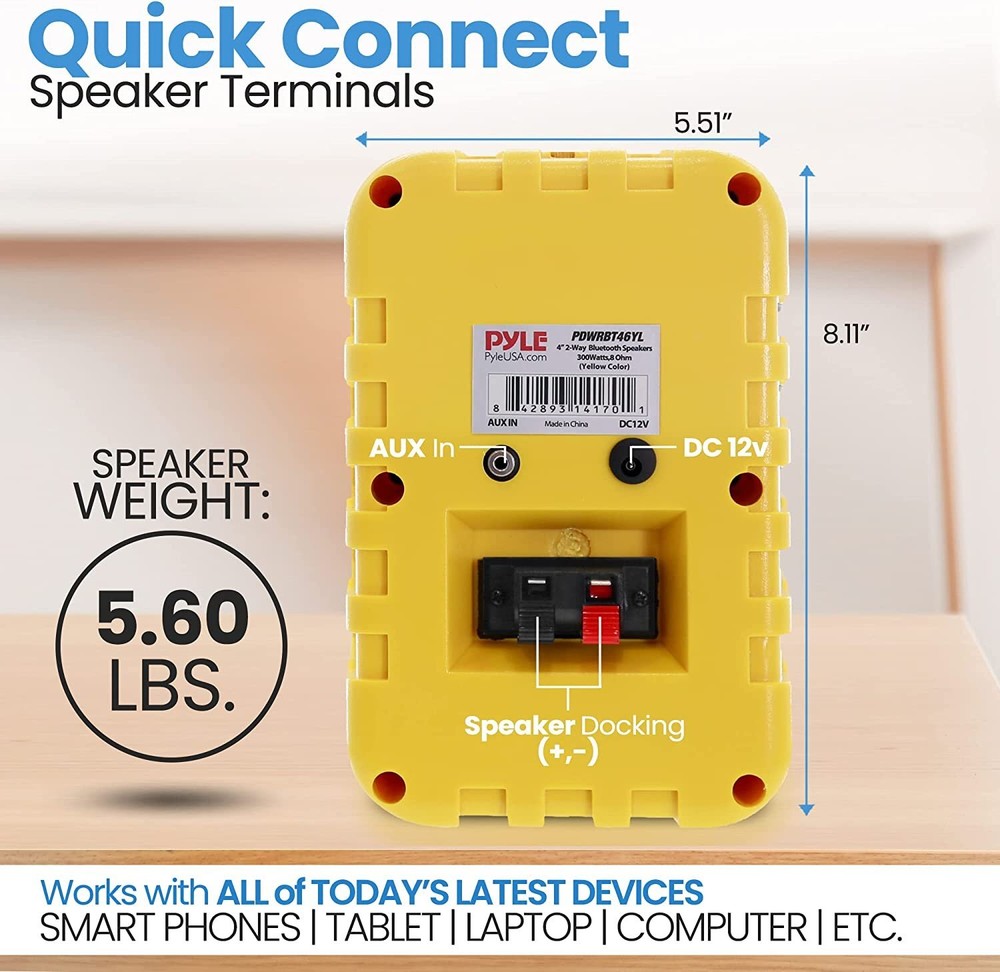 Pyle 4" Rectangular 2-Way 150W RMS Bluetooth Speakers Pair - 300W Dual 8 Ohms