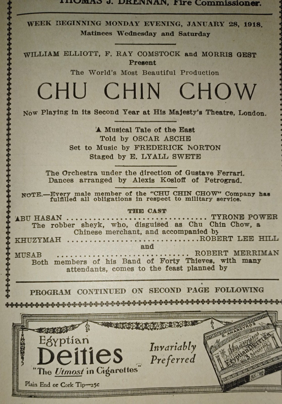 TYRONE POWER CENTURY THEATRE NY Jan 1918 CHU CHIN CHOW Broadway Program-WW1 Era