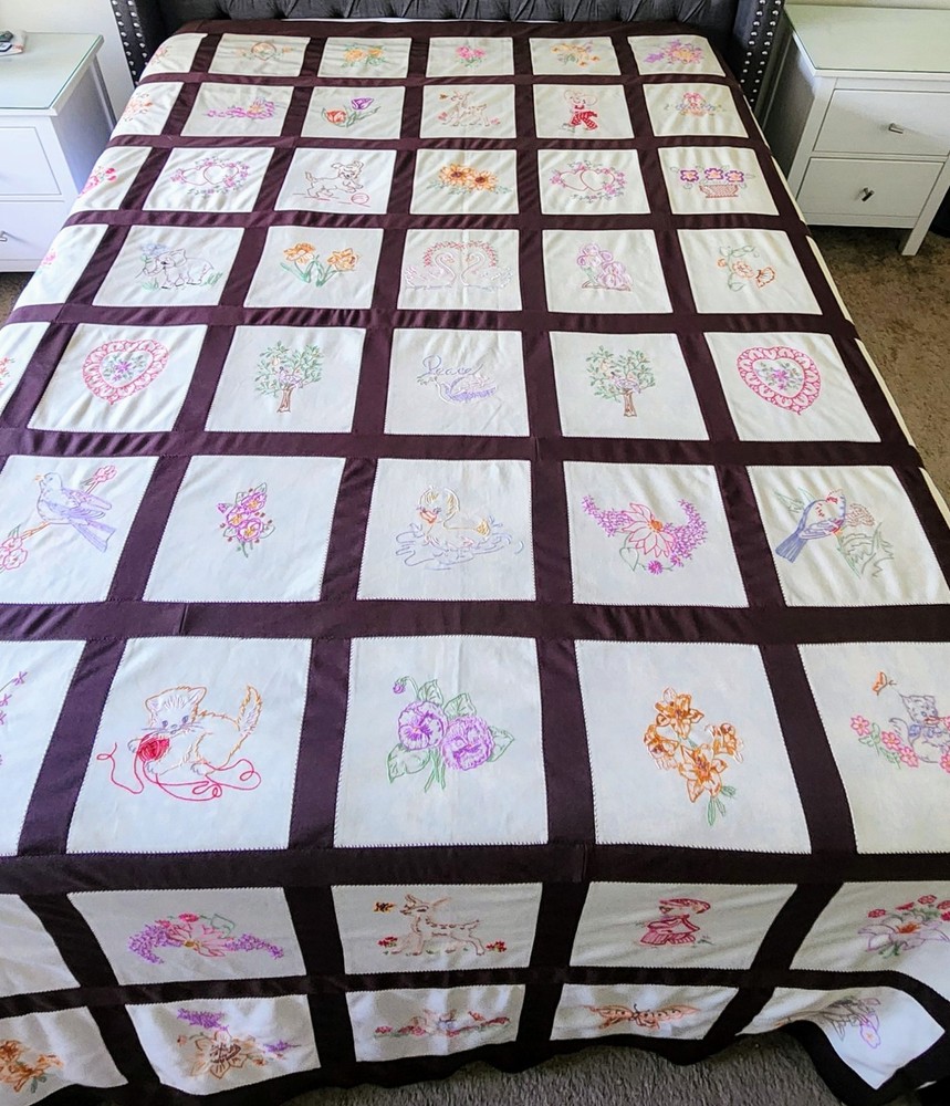 Vintage Handmade 80"×104" Embroidered Patchwork Quilt/Coverlet EUC