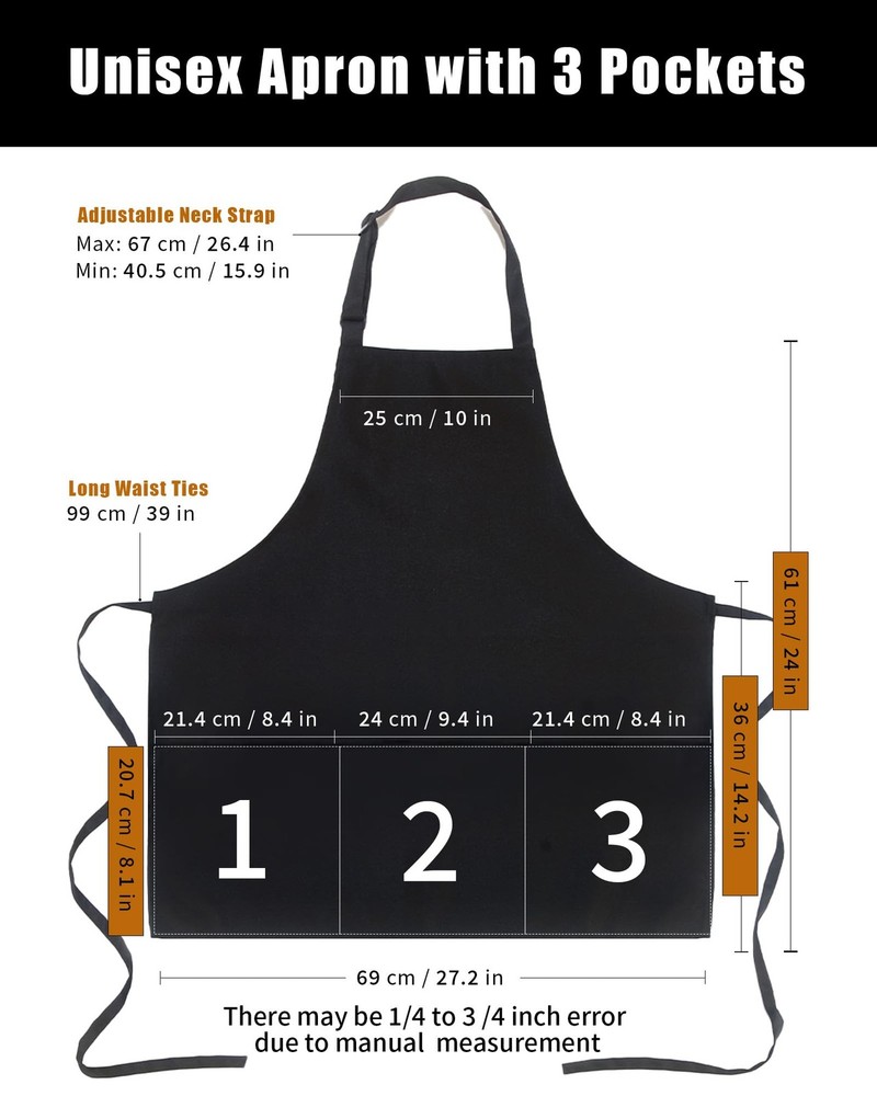 3 Pockets Adjustable Bib Apron Chef Kitchen Cooking Aprons for Men, Black