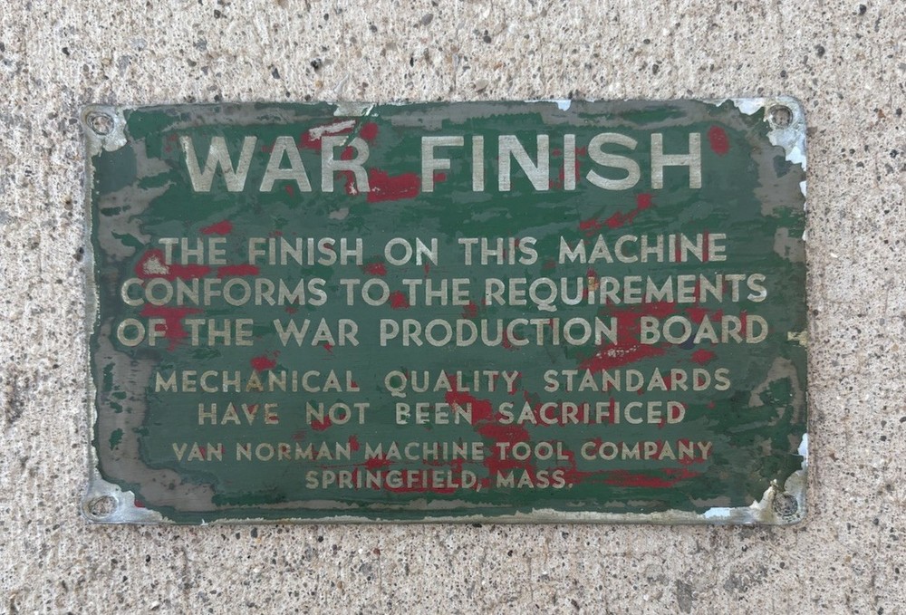 WW2 Era Van Norman War Finish Machine Plate