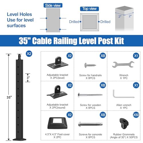 Cable Railing Post(Post 35"x2"x2"), 2 Packs Adjustable Top 36" 2 Level Posts