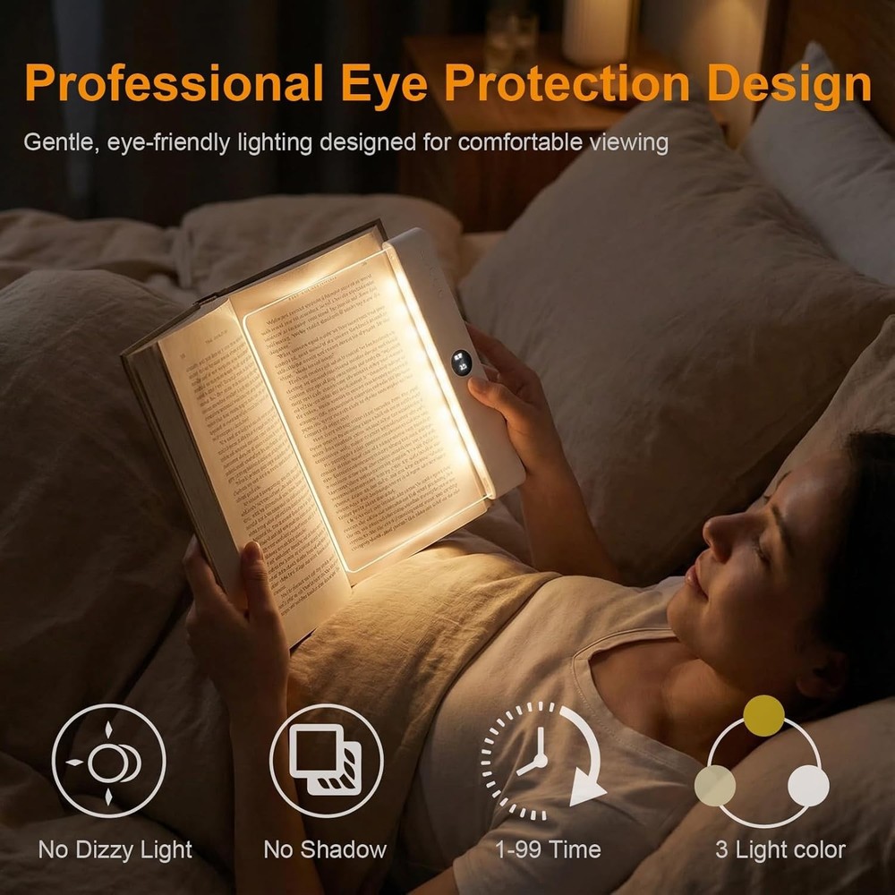 Book Light, Rechargeable Clear LED Flat Reading Light with 3 Colors Timer, D...