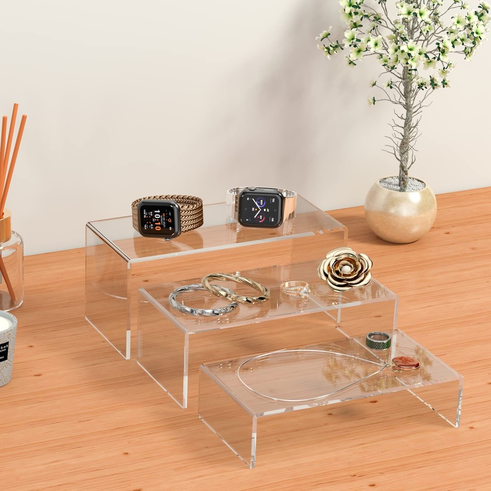Clear Riser Shelf 3pcs, Desktop Rectangular Acrylic Display Shelves Organizer...