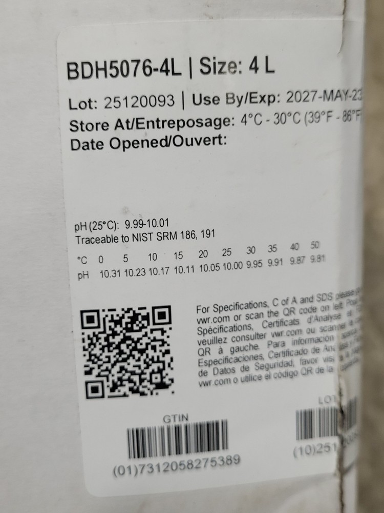 BDH Buffer Reference Standard 4L Bottle VWR Analytical BDH5076-4L