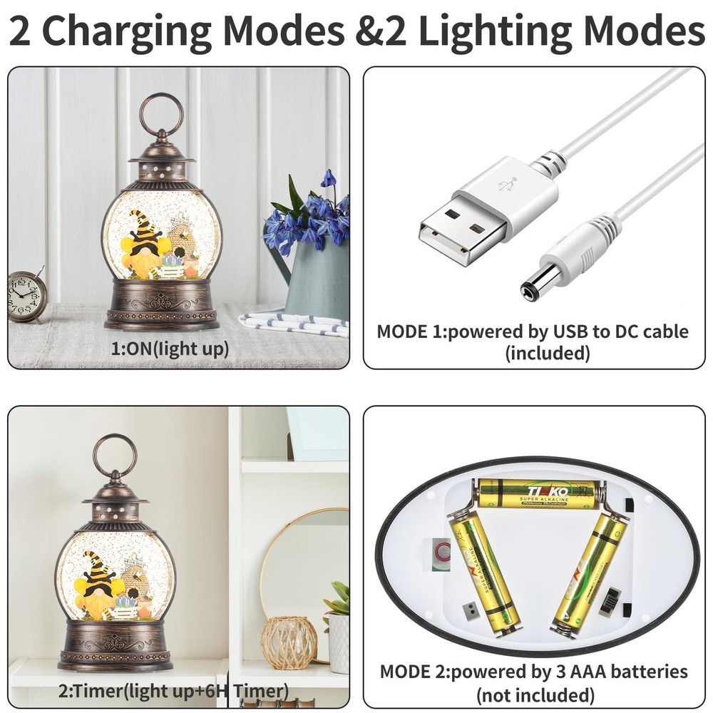 Bee Hive Decor Spring Bee Gnome Light Up Snow Globe 6H Timer Honey Bee Decora...