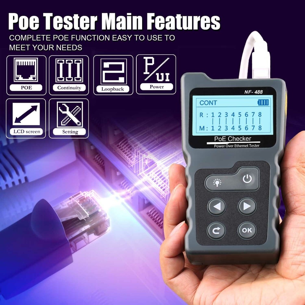 NETWORK CABLE TESTER LAN WIRE METER POE RJ45 ETHERNET VOLTAGE CURRENT TESTER