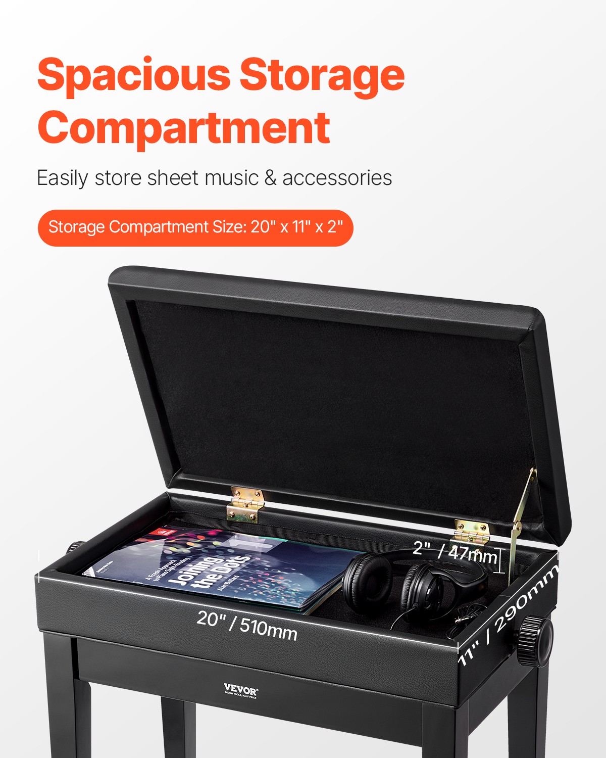 VEVOR Adjustable Piano Keyboard Bench Storage Padded Seat Wooden Vanity