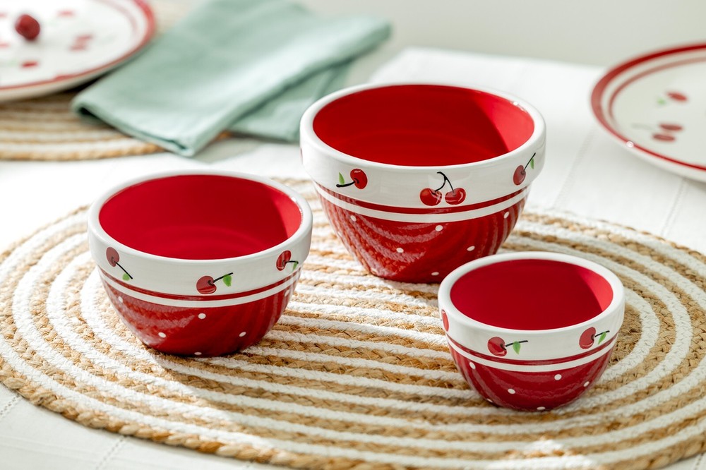 Terramoto Ceramic Red Cherry 3-Piece Bowl Set