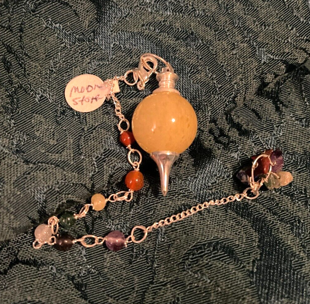 Pendulum - Lemony Yellow Moonstone on 7 Chakra Beaded Chain - Includes Pouch