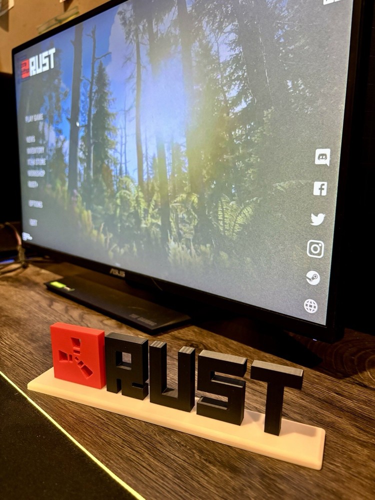 Rust Video Game Stand-Up Sign with Rust Logo, Text, and Base | Rust Prop