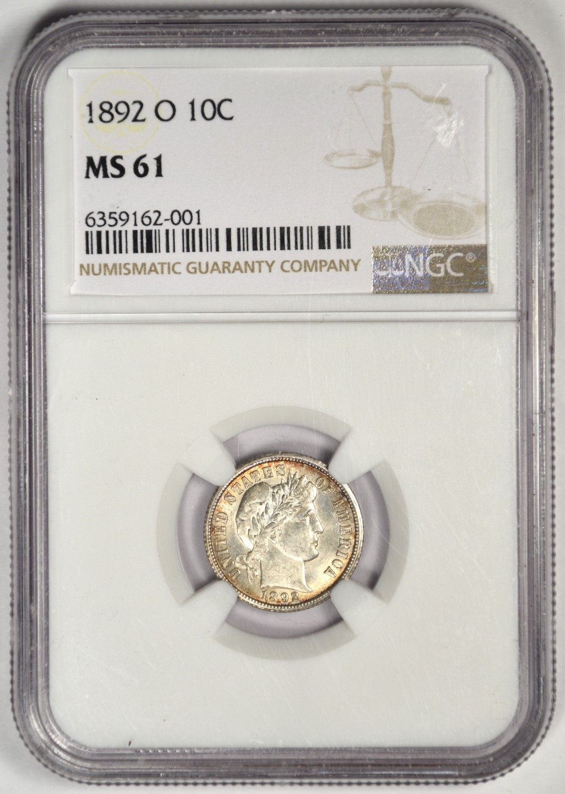 1892-O BARBER DIME ~ NGC MS61 ~ BLUE TONING AND CLASHED DIE REVERSE!