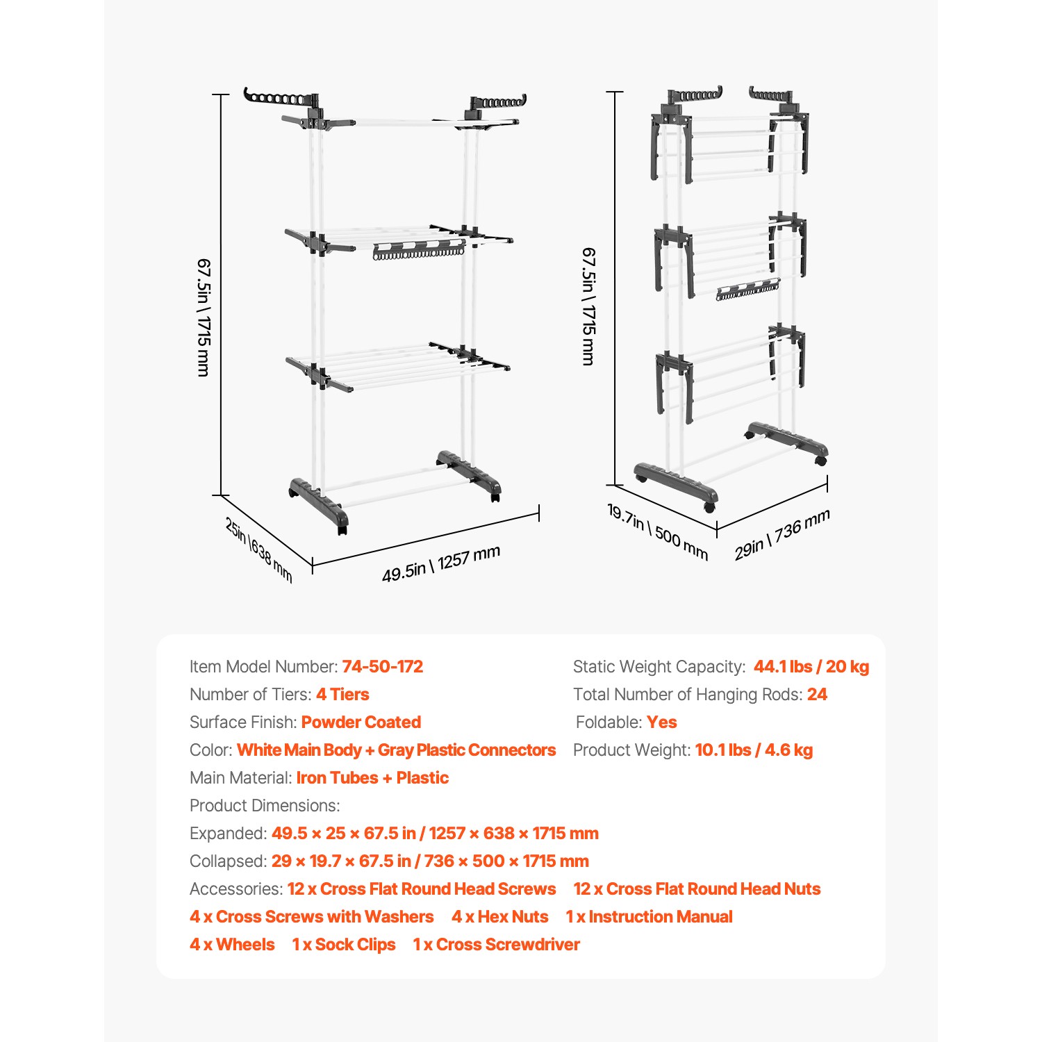 67.5“ Foldable Clothes Drying Rack Rolling Folding 4-Tier Dryer Hanger 4 Castors
