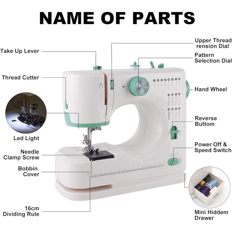 Double Needle Sewing Machine 16 Stitches Reverse LED Light Sewing Accessories US